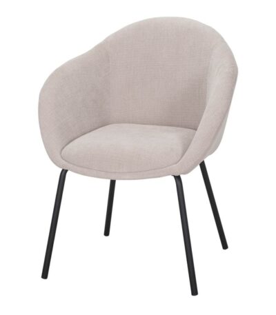 Chaise rembourrée beige Marvens en tissu avec pieds noirs pour espace repas.