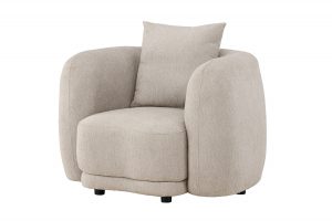 Fauteuil beige Cilio en tissu bouclé avec assise large, coussin de dossier et lignes arrondies