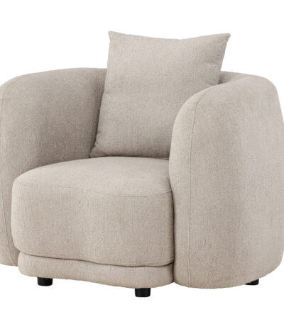 Fauteuil beige Cilio en tissu bouclé avec assise large, coussin de dossier et lignes arrondies