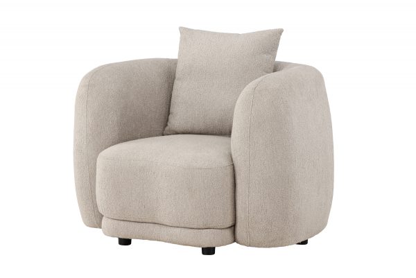 Fauteuil beige Cilio en tissu bouclé avec assise large, coussin de dossier et lignes arrondies