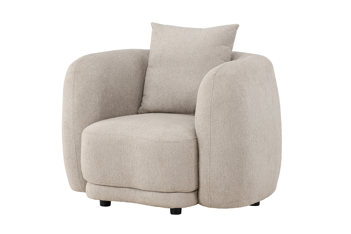 Fauteuil beige Cilio en tissu bouclé avec assise large, coussin de dossier et lignes arrondies
