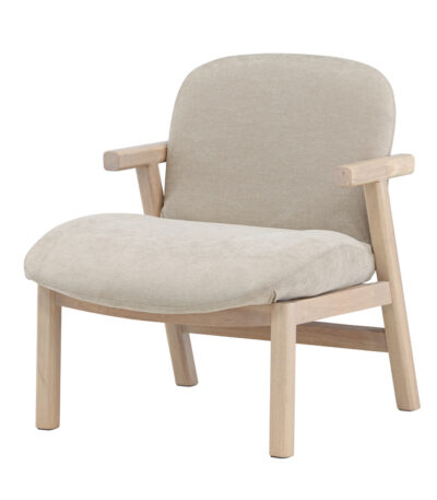 Fauteuil Beige Richel avec structure en bois d’hévéa, assise beige et accoudoirs en bois