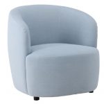 Fauteuil de salon bleu Bora avec assise profonde, lignes arrondies et revêtement lin polyester