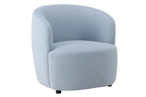 Fauteuil de salon bleu Bora avec assise profonde, lignes arrondies et revêtement lin polyester