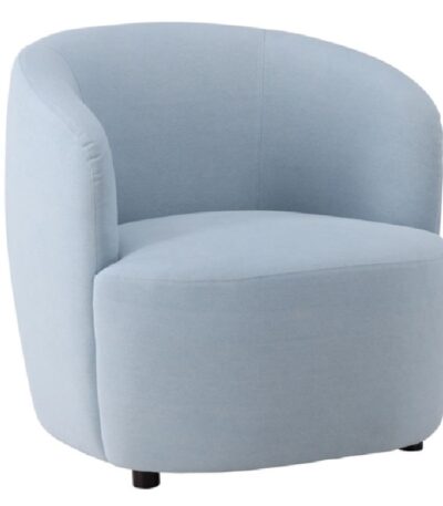 Fauteuil de salon bleu Bora avec assise profonde, lignes arrondies et revêtement lin polyester