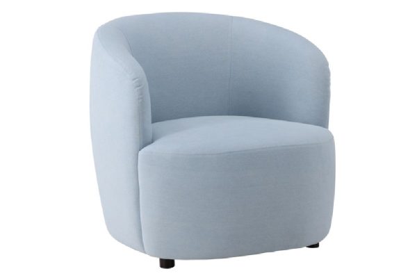 Fauteuil de salon bleu Bora avec assise profonde, lignes arrondies et revêtement lin polyester
