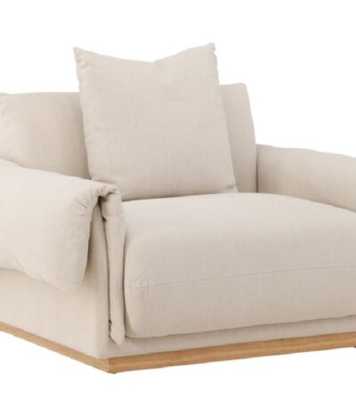 Fauteuil beige Moris avec assise profonde, coussin de dossier et base en chêne naturel