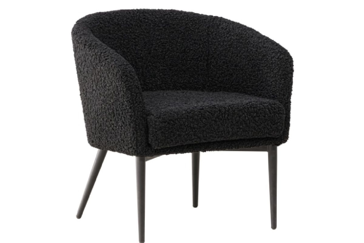 Fauteuil en tissu peluche noir Floris avec dossier arrondi et pieds en acier noir