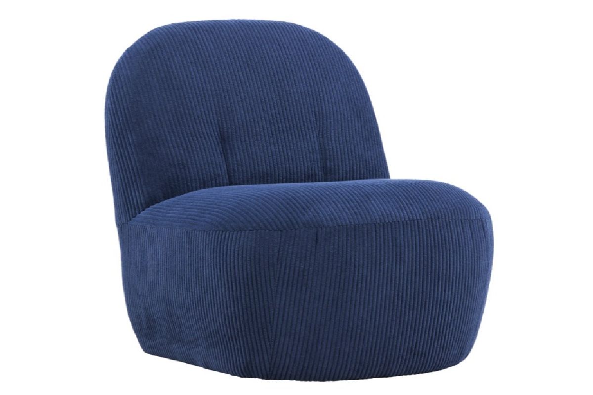 Fauteuil en velours bleu Maho avec revêtement côtelé bleu marine et design arrondi vintage pour salon contemporain