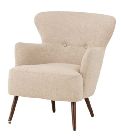 Fauteuil design Lias à dossier haut en tissu bouclé beige avec pieds finition noyer dans un intérieur contemporain