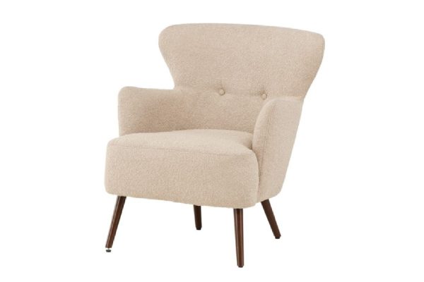 fauteuil lias tissu bouclette a dossier haut (4) Fauteuil design Lias à dossier haut en tissu bouclé beige avec pieds finition noyer dans un intérieur contemporain