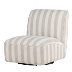 Fauteuil lounge beige Meki en tissu rayé beige et écru avec assise basse et design seventies contemporain