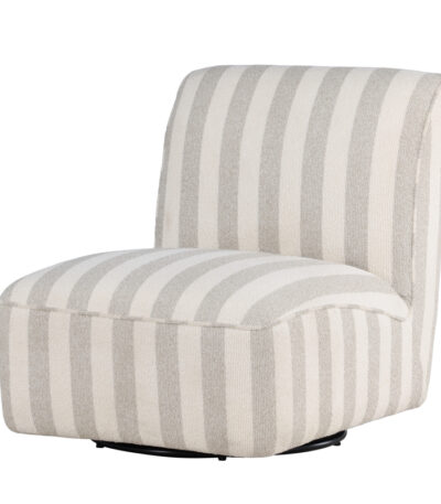 Fauteuil lounge beige Meki en tissu rayé beige et écru avec assise basse et design seventies contemporain