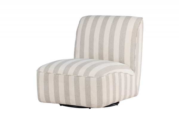 Fauteuil lounge beige Meki en tissu rayé beige et écru avec assise basse et design seventies contemporain