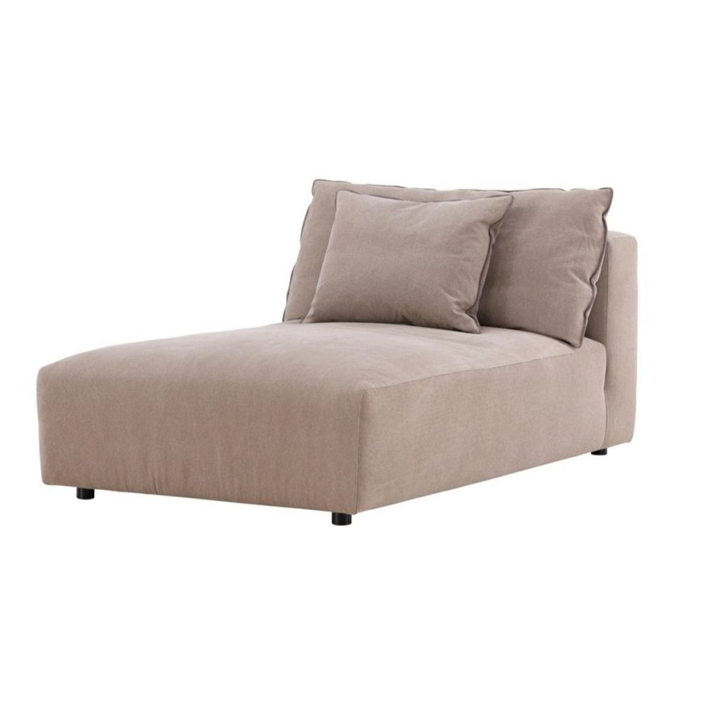 Méridienne Malou en tissu marron avec coussins, design contemporain pour salon ou chambre