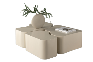 Table basse beige Noline avec 3 modules aux formes arrondies pour le salon.