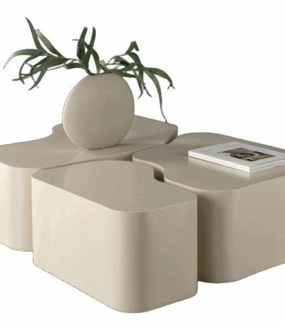 Table basse beige Noline avec 3 modules aux formes arrondies pour le salon.