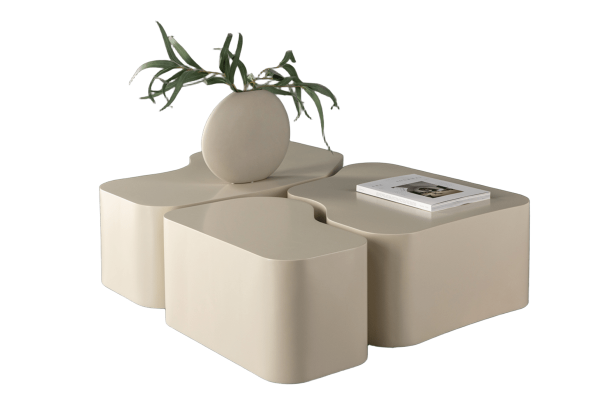 Table basse beige Noline avec 3 modules aux formes arrondies pour le salon.