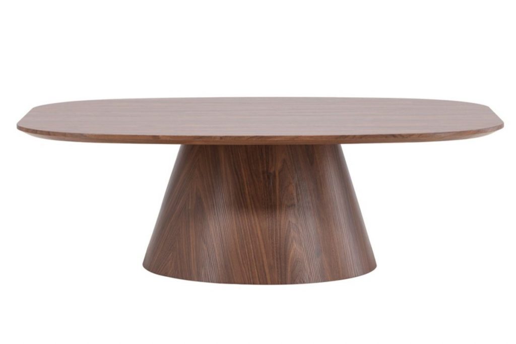 Table basse Lamar – Marron avec piètement central sculptural effet bois pour salon.