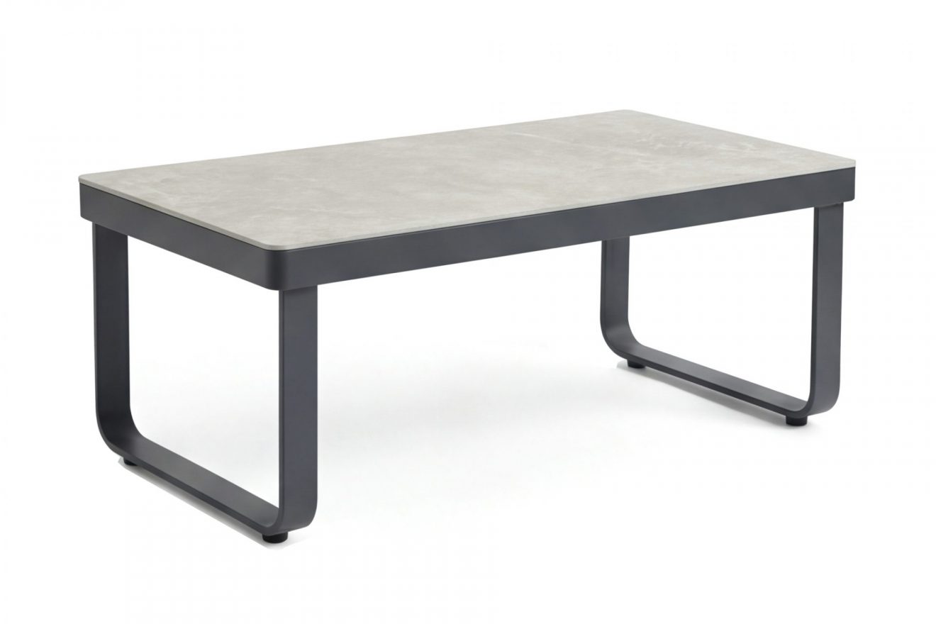 Table basse extérieure Porto anthracite en aluminium et pierre frittée pour jardin.