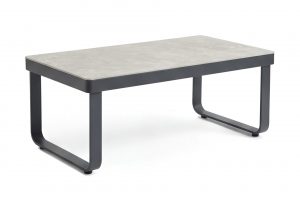 Table basse extérieure Porto anthracite en aluminium et pierre frittée pour jardin.