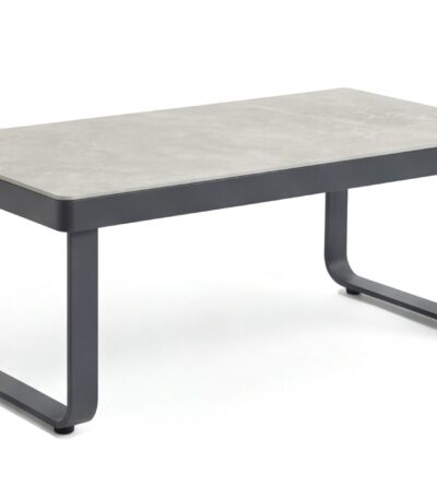 Table basse extérieure Porto anthracite en aluminium et pierre frittée pour jardin.
