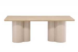 Table de repas blanchie Olga 210x100 cm en MDF, table à manger 8 personnes avec double piètement sculptural