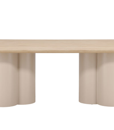 Table de repas blanchie Olga 210x100 cm en MDF, table à manger 8 personnes avec double piètement sculptural