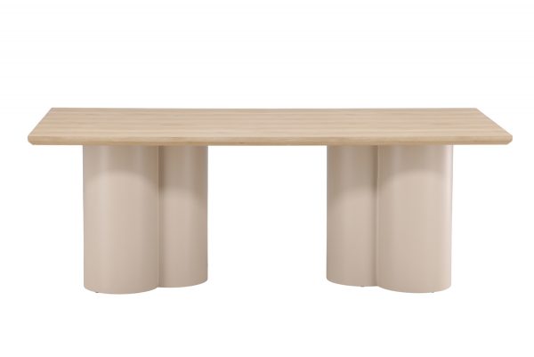 Table de repas blanchie Olga 210x100 cm en MDF, table à manger 8 personnes avec double piètement sculptural