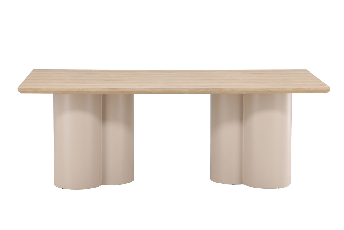 Table de repas blanchie Olga 210x100 cm en MDF, table à manger 8 personnes avec double piètement sculptural