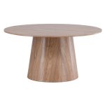 Table de repas ronde Lamar 150 cm finition naturelle avec piètement central sculptural pour cuisine ou salle a manger.