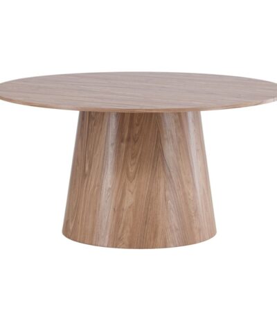 Table de repas ronde Lamar 150 cm finition naturelle avec piètement central sculptural pour cuisine ou salle a manger.