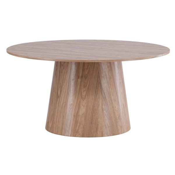 Table de repas ronde Lamar 150 cm finition naturelle avec piètement central sculptural pour cuisine ou salle a manger.