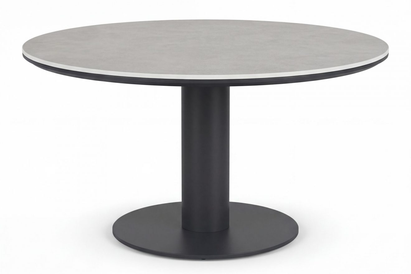 Table repas extérieur Porto anthracite avec plateau rond en pierre frittée