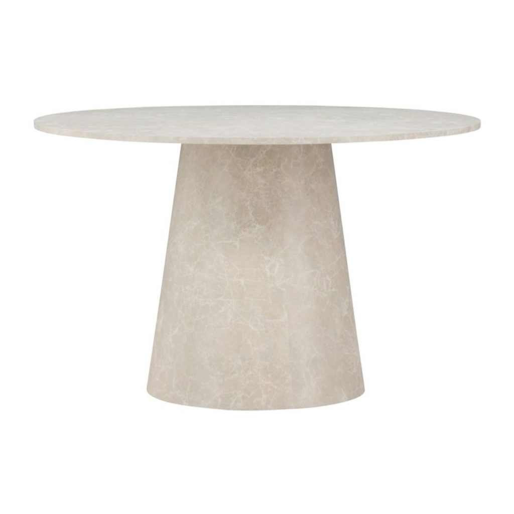 Table repas ronde Lamar - beige marbré avec piètement central, design contemporain pour salle à manger