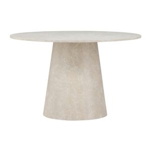 Table repas ronde Lamar - beige marbré avec piètement central, design contemporain pour salle à manger