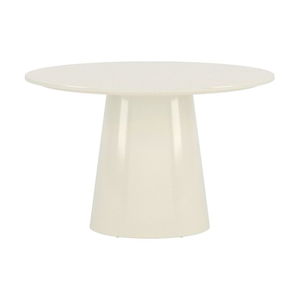 Table repas ronde Lamar beige laqué de 120 cm avec piètement central, design contemporain pour salle à manger ou cuisine
