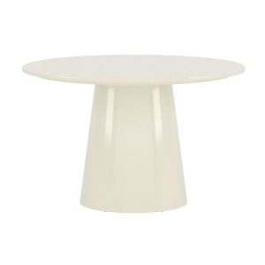 Table repas ronde Lamar beige laqué de 120 cm avec piètement central, design contemporain pour salle à manger ou cuisine