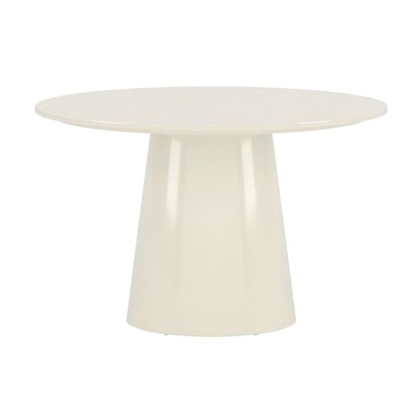 Table repas ronde Lamar beige laqué de 120 cm avec piètement central, design contemporain pour salle à manger ou cuisine