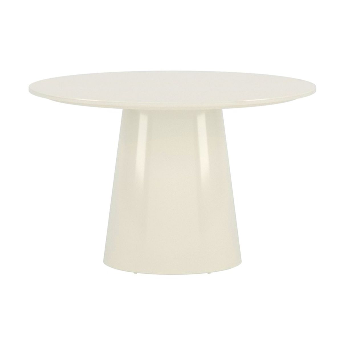 Table repas ronde Lamar beige laqué de 120 cm avec piètement central, design contemporain pour salle à manger ou cuisine