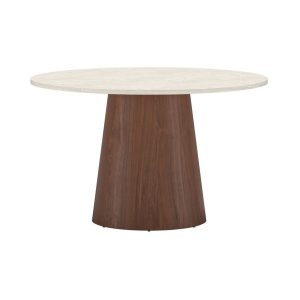 Table repas ronde Lamar avec plateau beige et piètement central bois foncé, design contemporain pour salle à manger