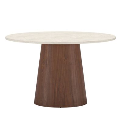 Table repas ronde Lamar avec plateau beige et piètement central bois foncé, design contemporain pour salle à manger