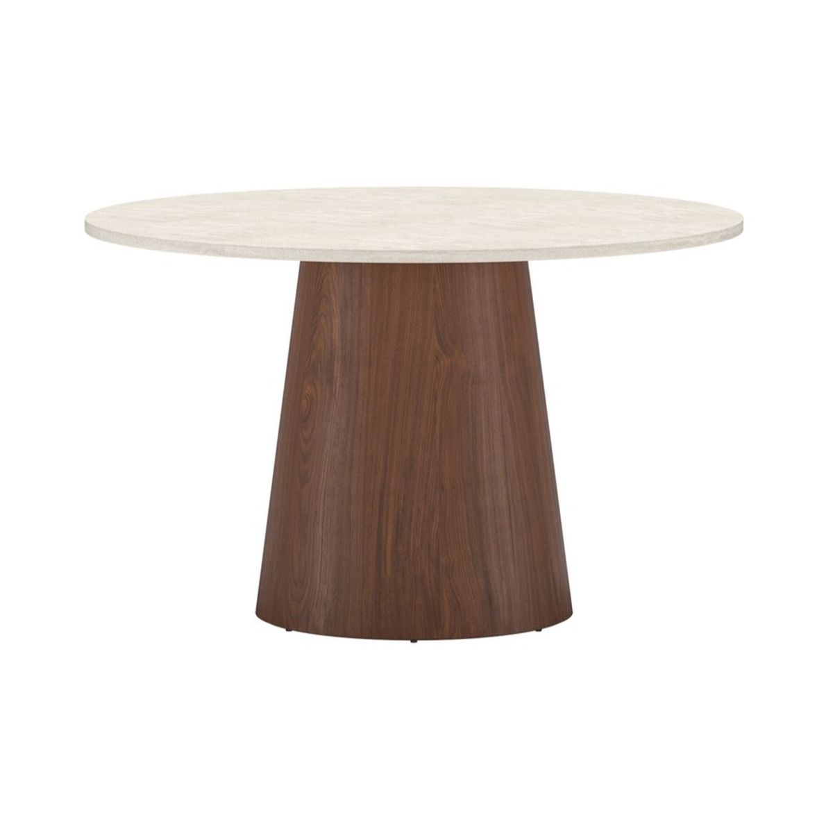 Table repas ronde Lamar avec plateau beige et piètement central bois foncé, design contemporain pour salle à manger