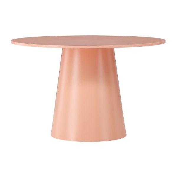 Table repas ronde Lamar – Pêche laquée avec piètement central, design contemporain pour salle à manger ou cuisine.