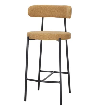Tabouret de bar Abora moutarde en tissu avec structure noire pour cuisine contemporaine.