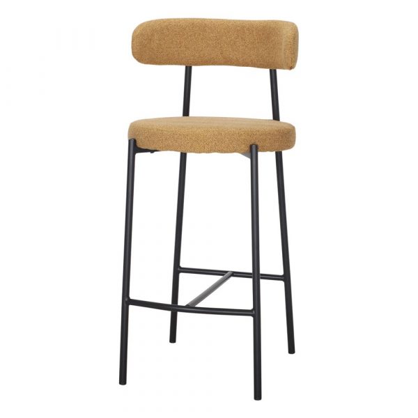 Tabouret de bar Abora moutarde en tissu avec structure noire pour cuisine contemporaine.